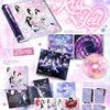 aespa's Kiss N Tell CD single package and inclusions on a pink and purple background.