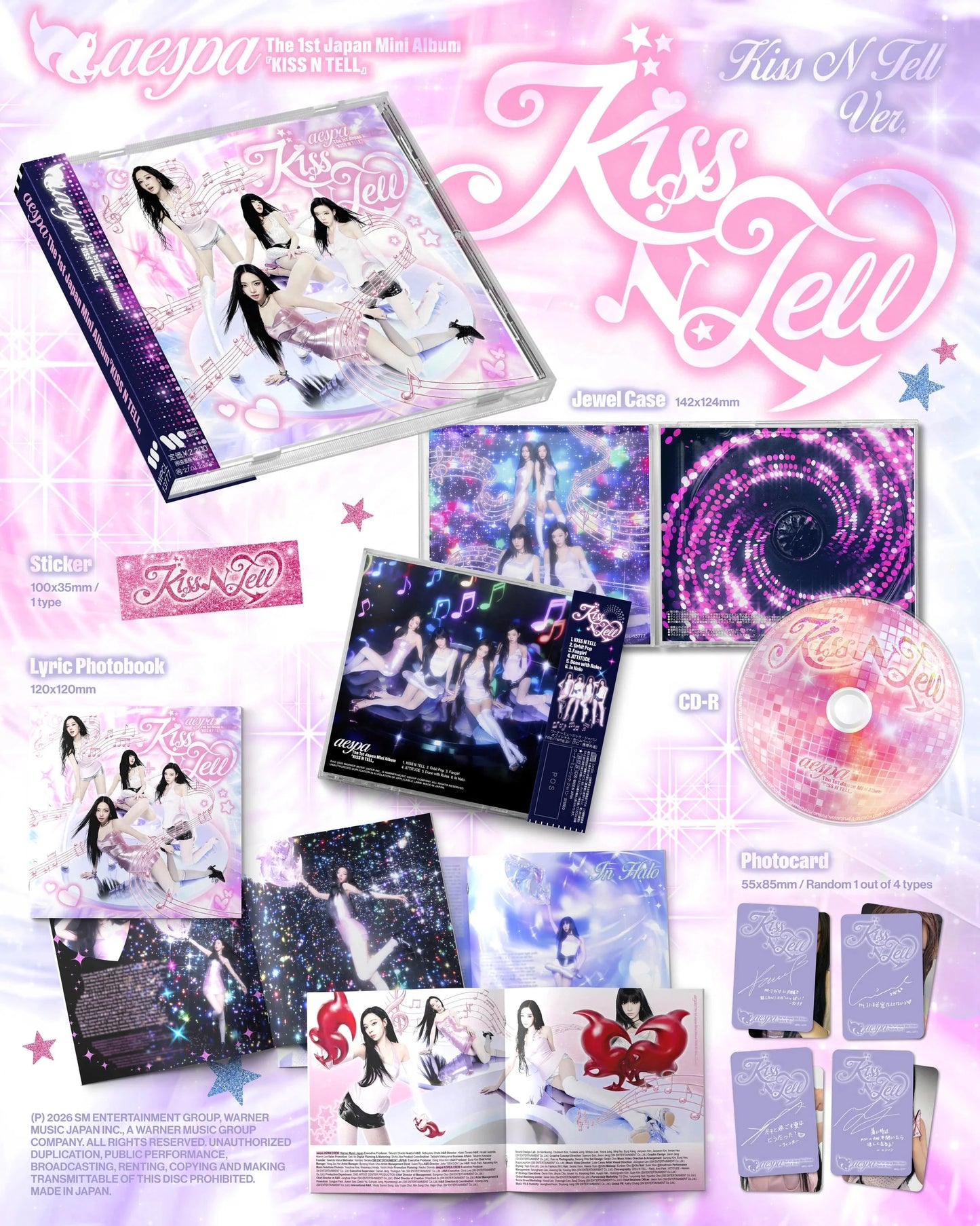 aespa's Kiss N Tell CD single package and inclusions on a pink and purple background.