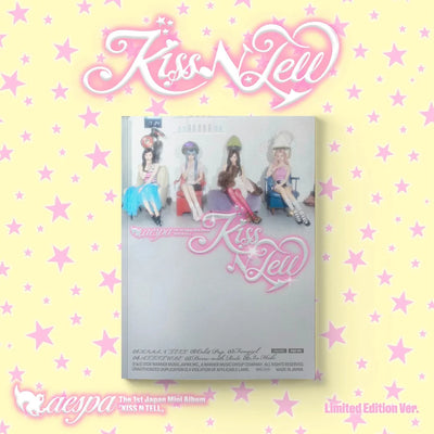 aespa's Kiss N' Tell Limited Edition Ver. album cover shown against a pastel yellow background patterned with pink stars.