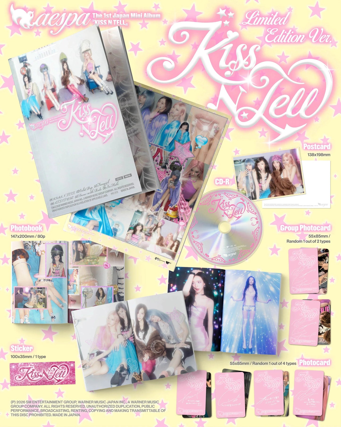 aespa's Kiss N Tell Limited Edition album inclusions featuring a CD, a photobook, a poster, and photocards on a pale yellow background with pink stars.