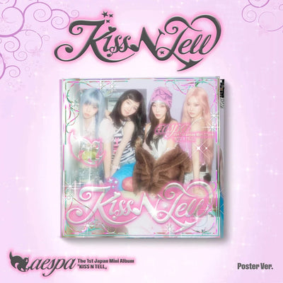 aespa's Kiss N Tell poster ver. album cover art featuring the four members of aespa in a pastel, glittery pink frame, with stylized 'Kiss N Tell' text at the top and 'aespa' branding at the bottom on a pink sparkly background.