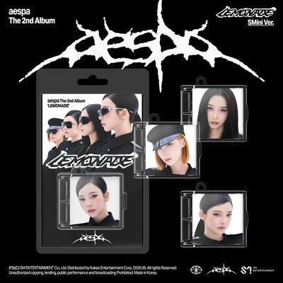 aespa album packaging with individual member versions on a black background