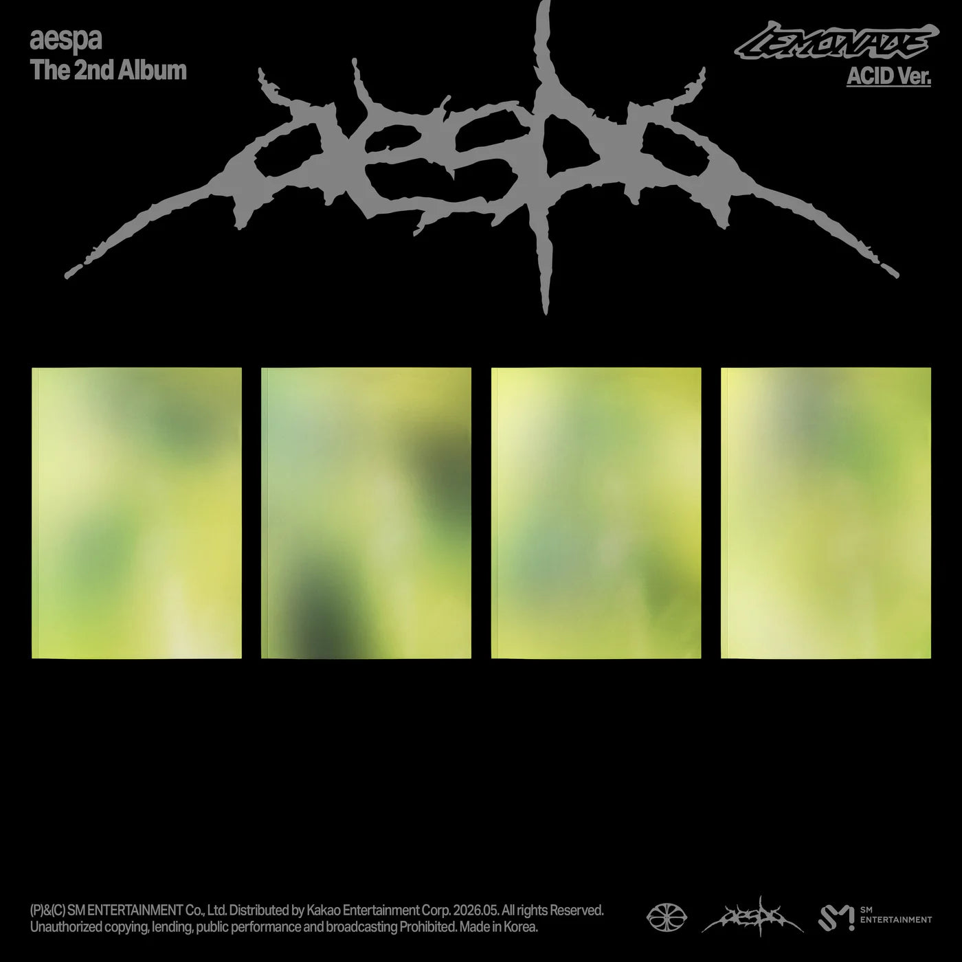 Album cover for aespa's 2nd album 'Lemonade' with stylized text and abstract design elements.