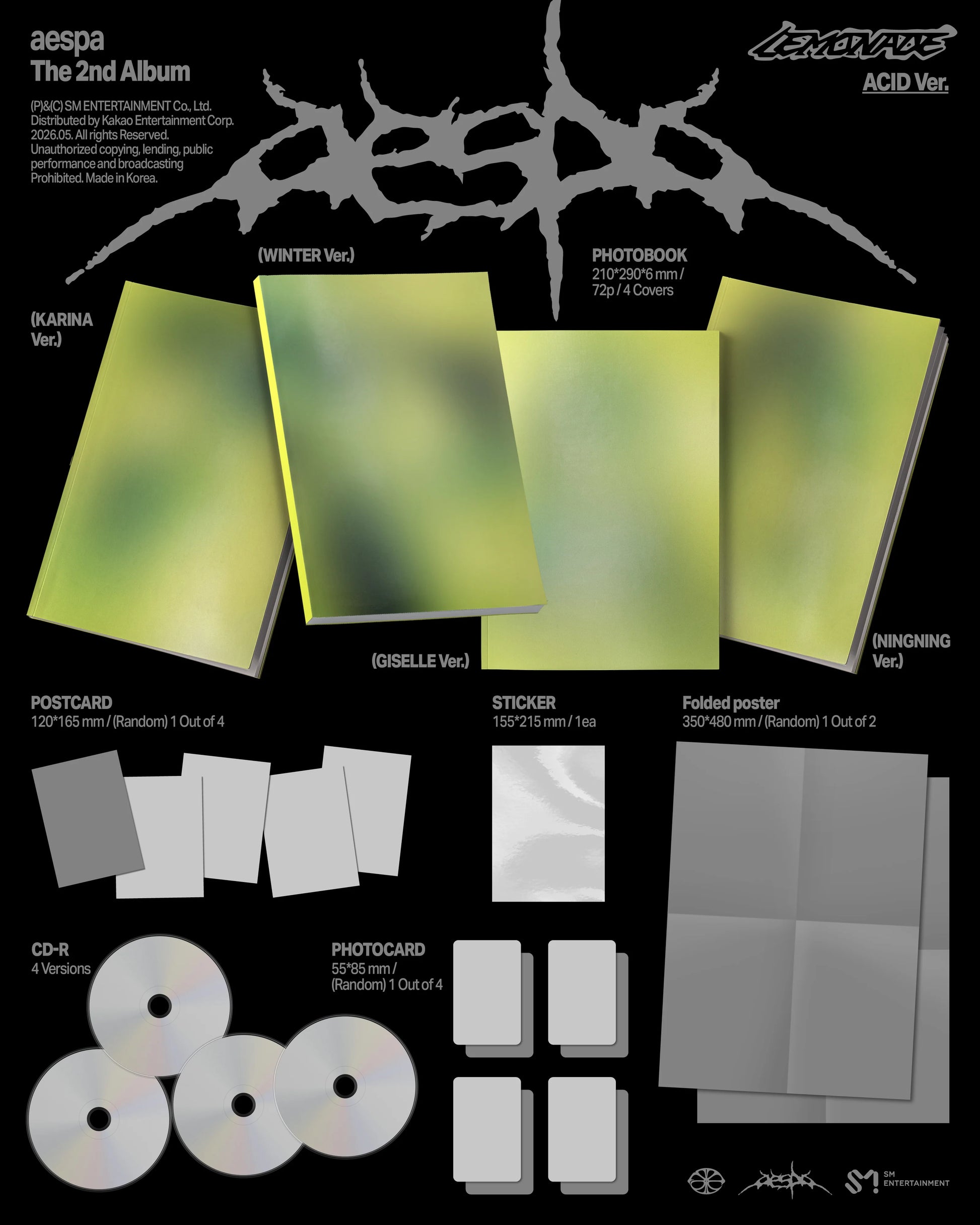 Promotional image of aespa's 2nd album 'Lemonade' packaging with various items included.