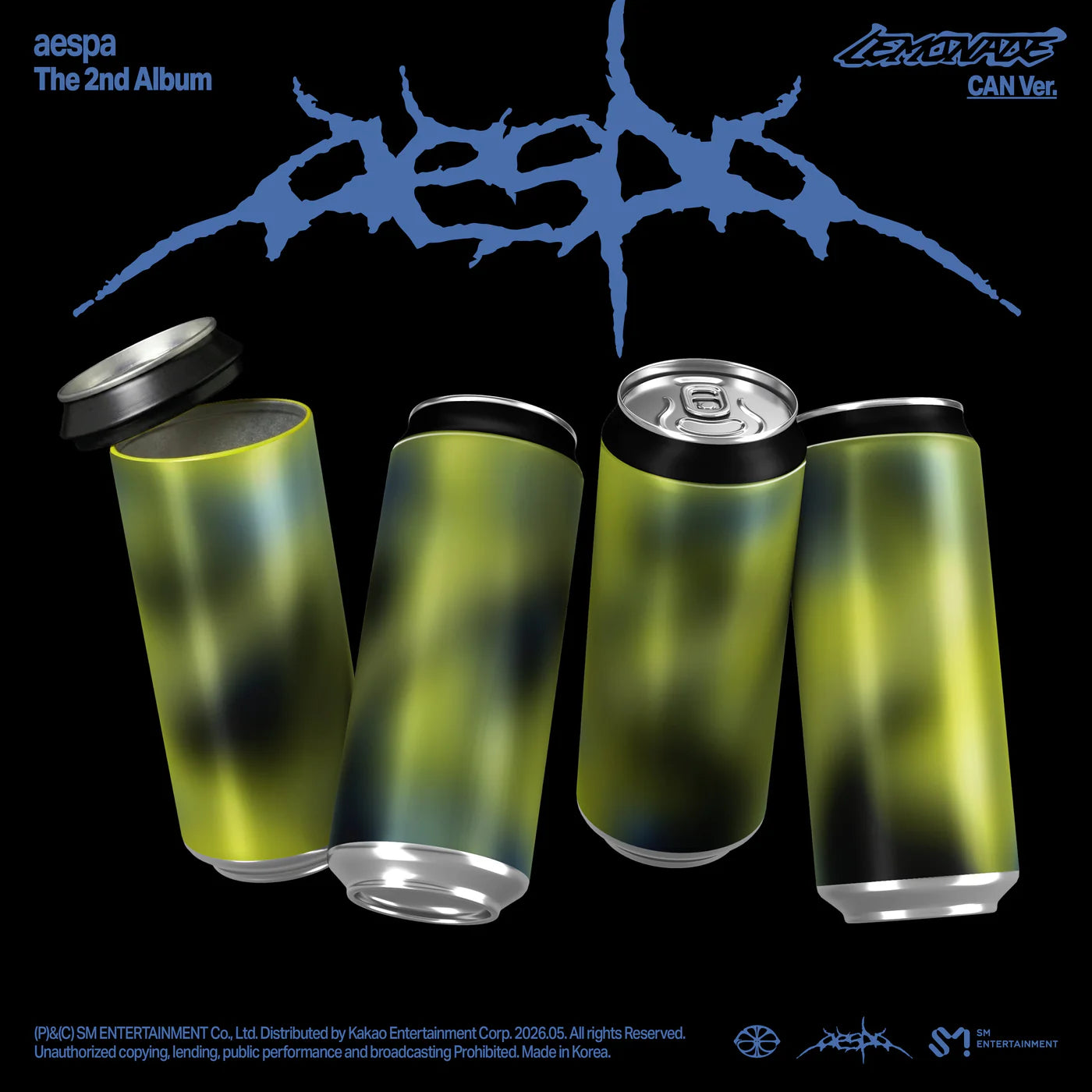 Four green cans with black lids on a black background with 'aespa' Lemonade the 2nd album branding.