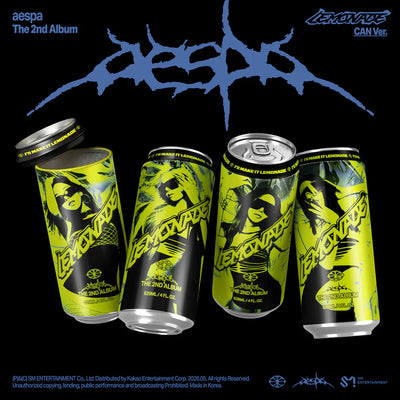 Four yellow and black cans with 'aespa' branding on a black background