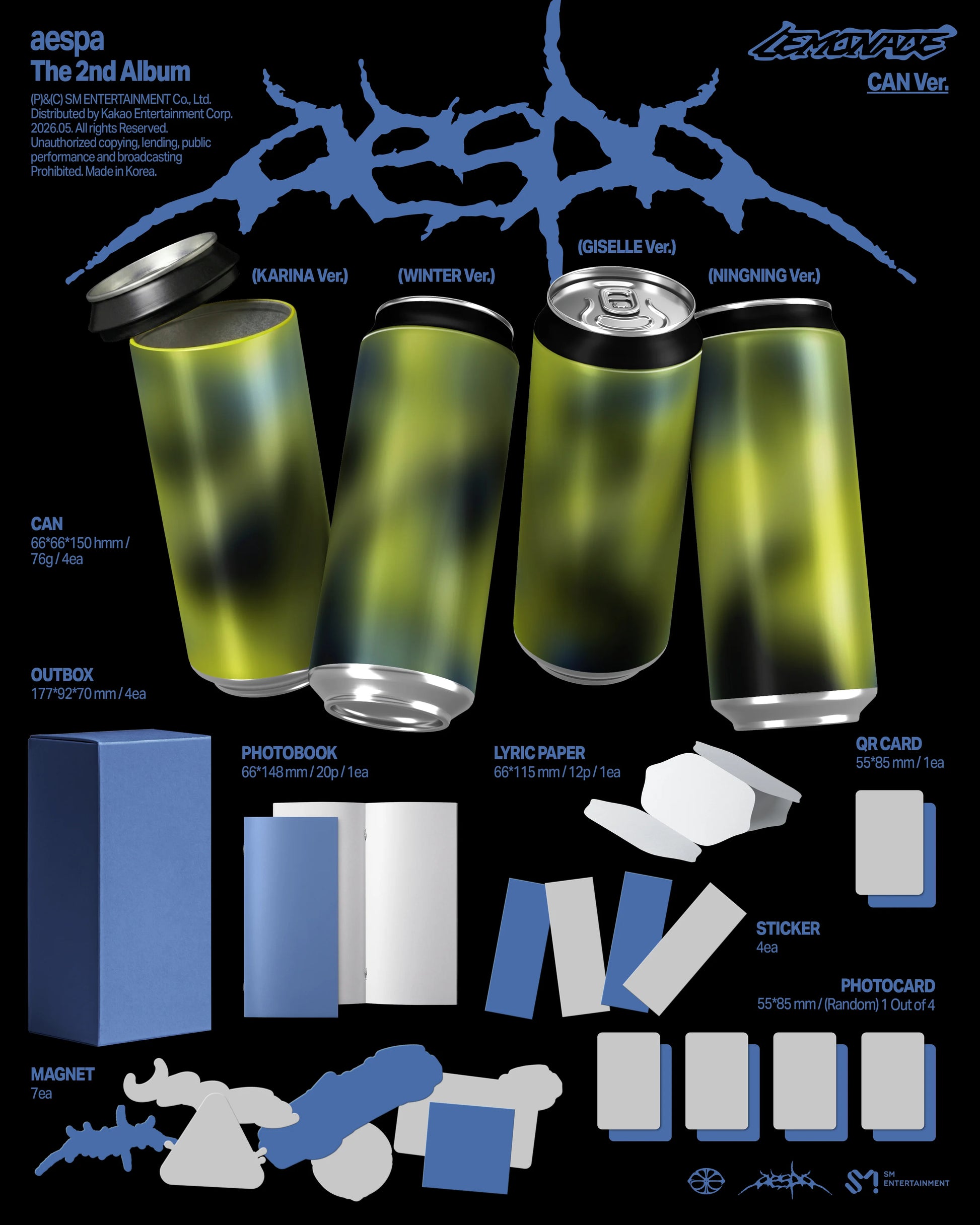 Promotional image of aespa's 2nd album 'Lemonade' packaging with product details on a black background.