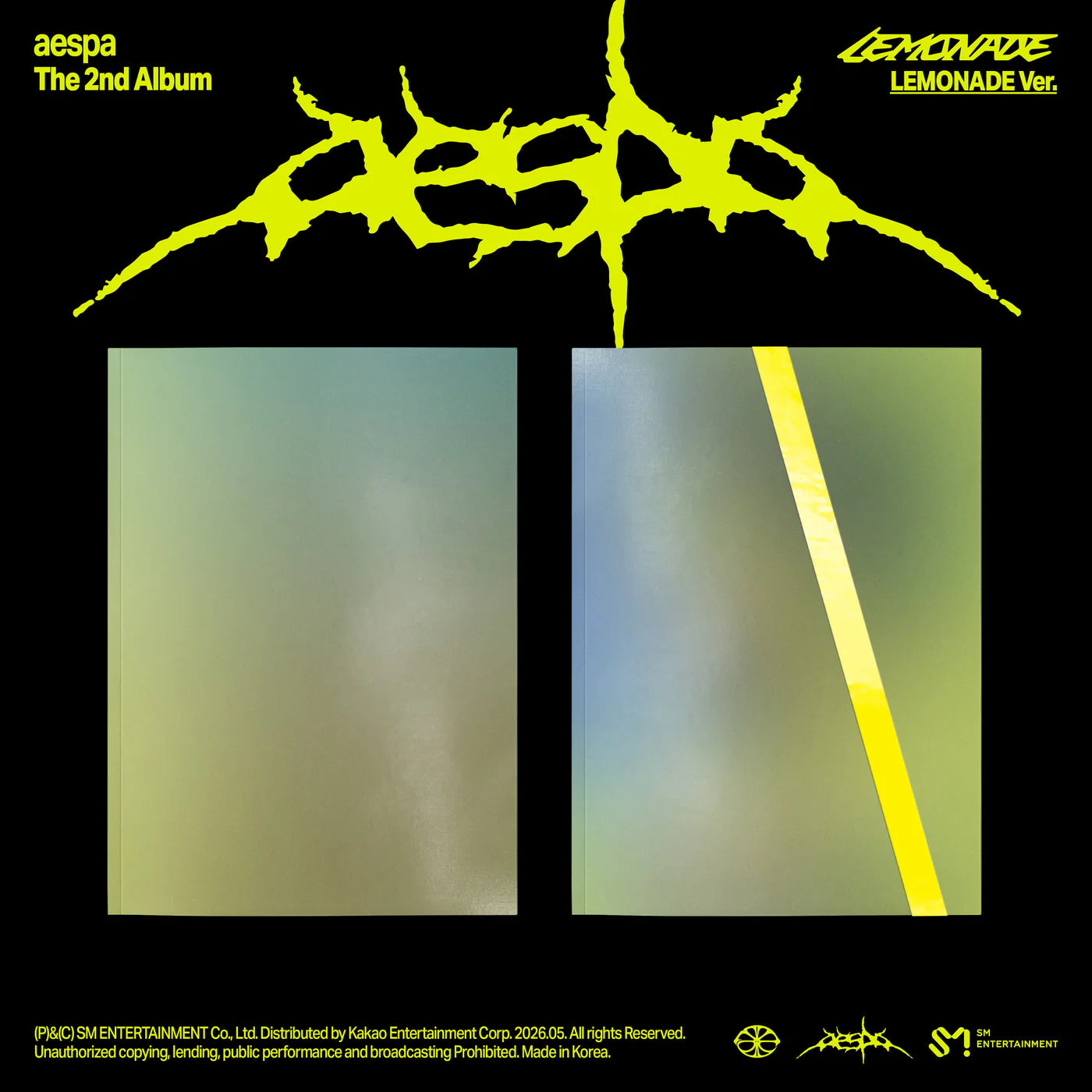Album cover for aespa's 'The 2nd Album Lemonade' with yellow text and logo on a black background.
