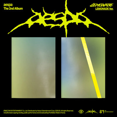 Album cover for aespa's 'The 2nd Album Lemonade' with yellow text and logo on a black background.