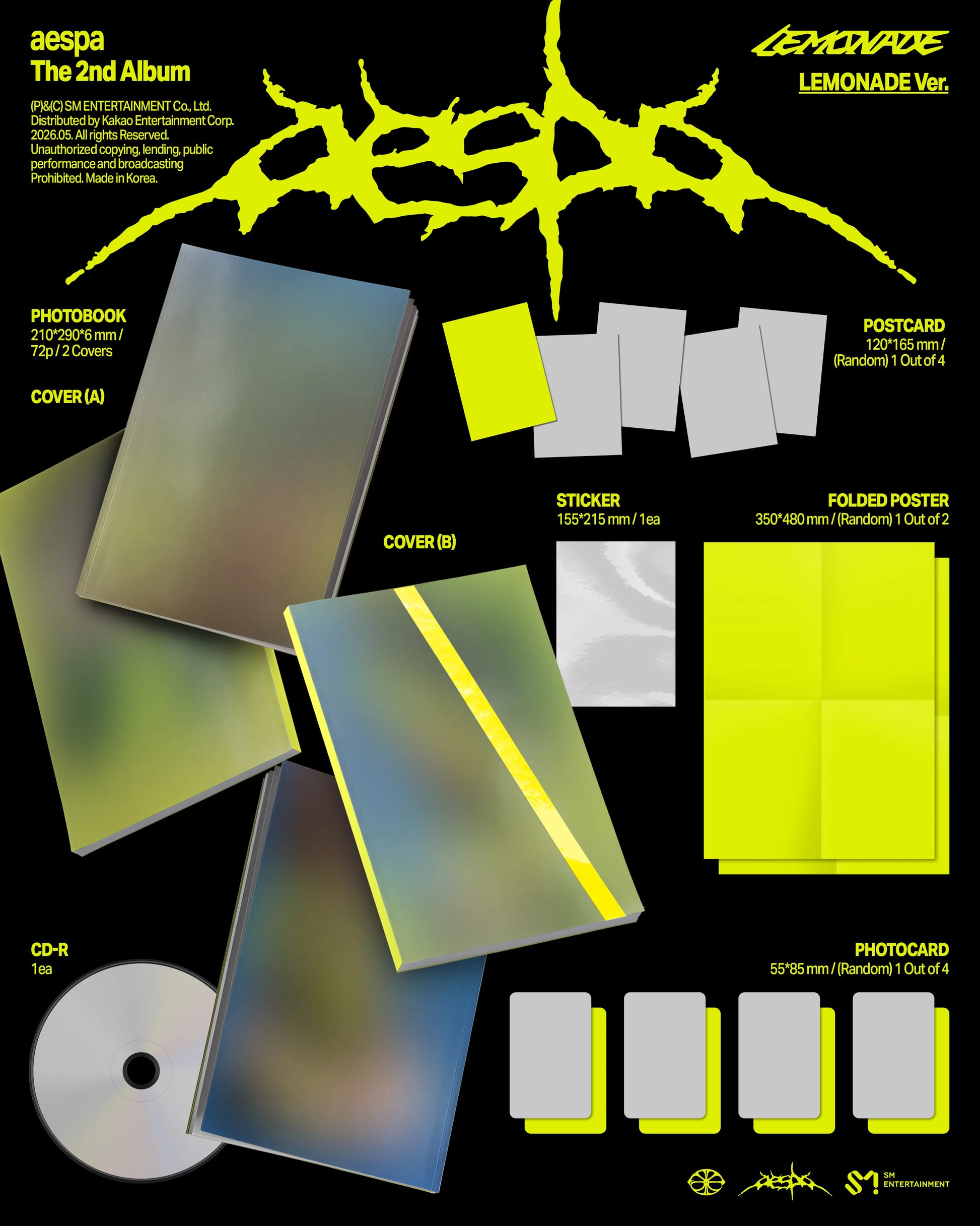 Promotional image of aespa's 2nd album 'Lemonade' with packaging details on a black background.