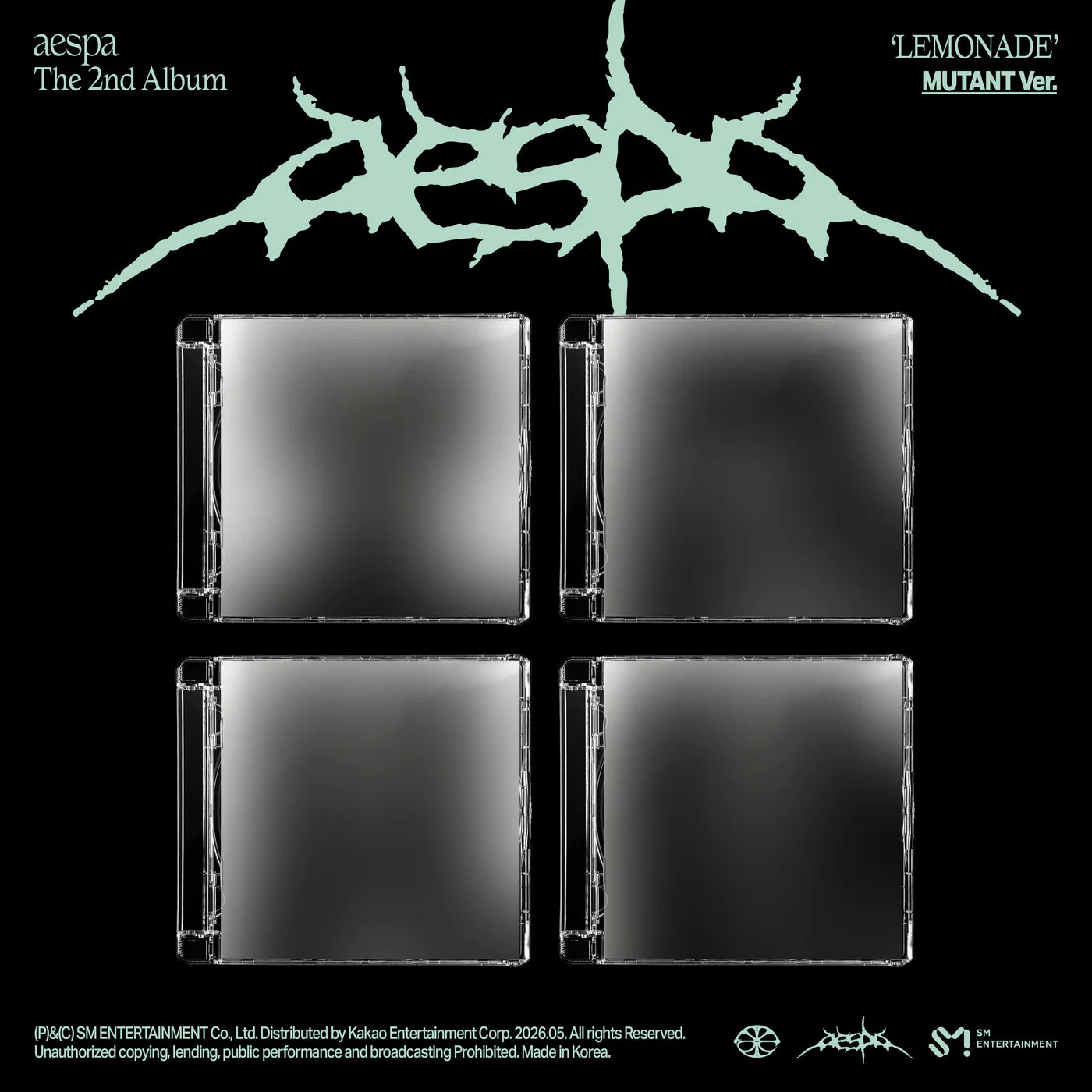 Album packaging for aespa's 2nd album 'Lemonade' Mutant Ver. on a black background.