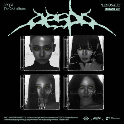 Album cover for aespa's 2nd album 'Lemonade' with four member portraits on a black background.