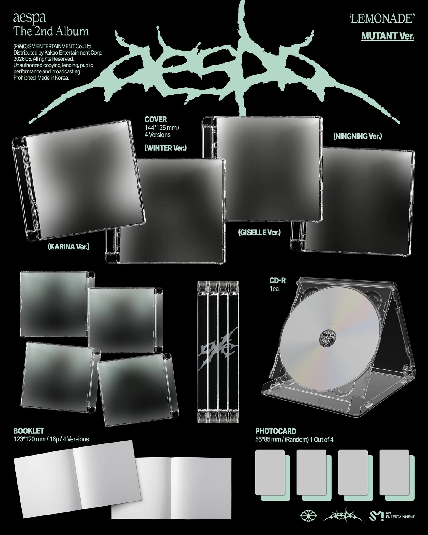 Promotional image of aespa's 2nd album 'Lemonade' with various product views on a black background.