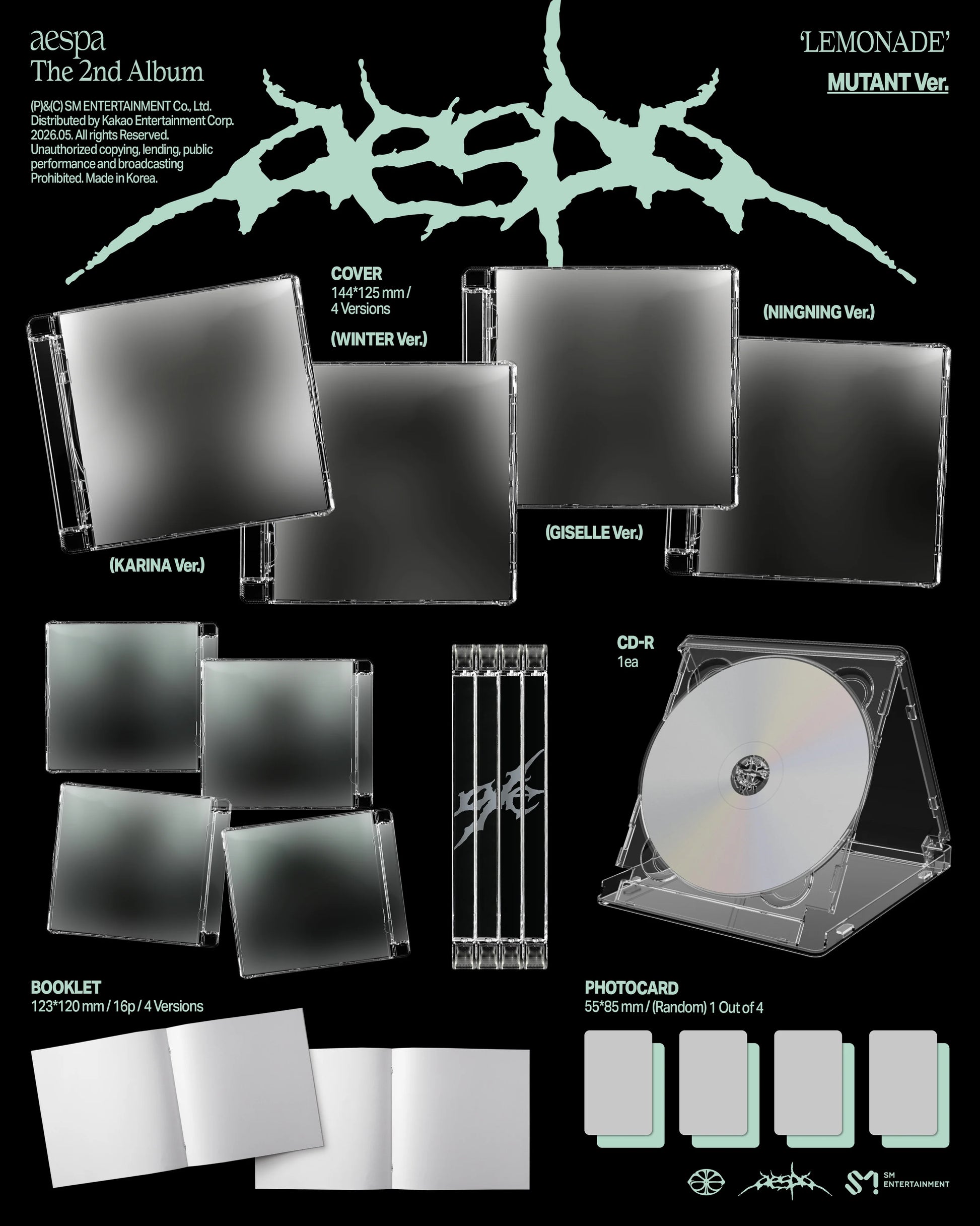 Promotional image of aespa's 2nd album 'Lemonade' with various product views on a black background.