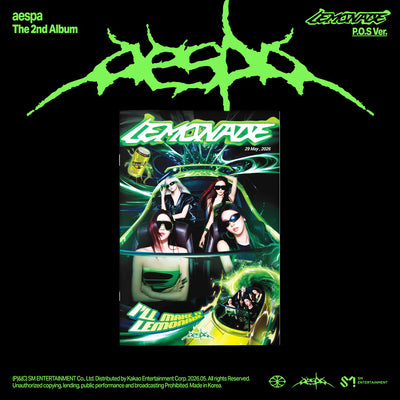 Album cover for aespa's 'Lemonade' with green and black design elements.