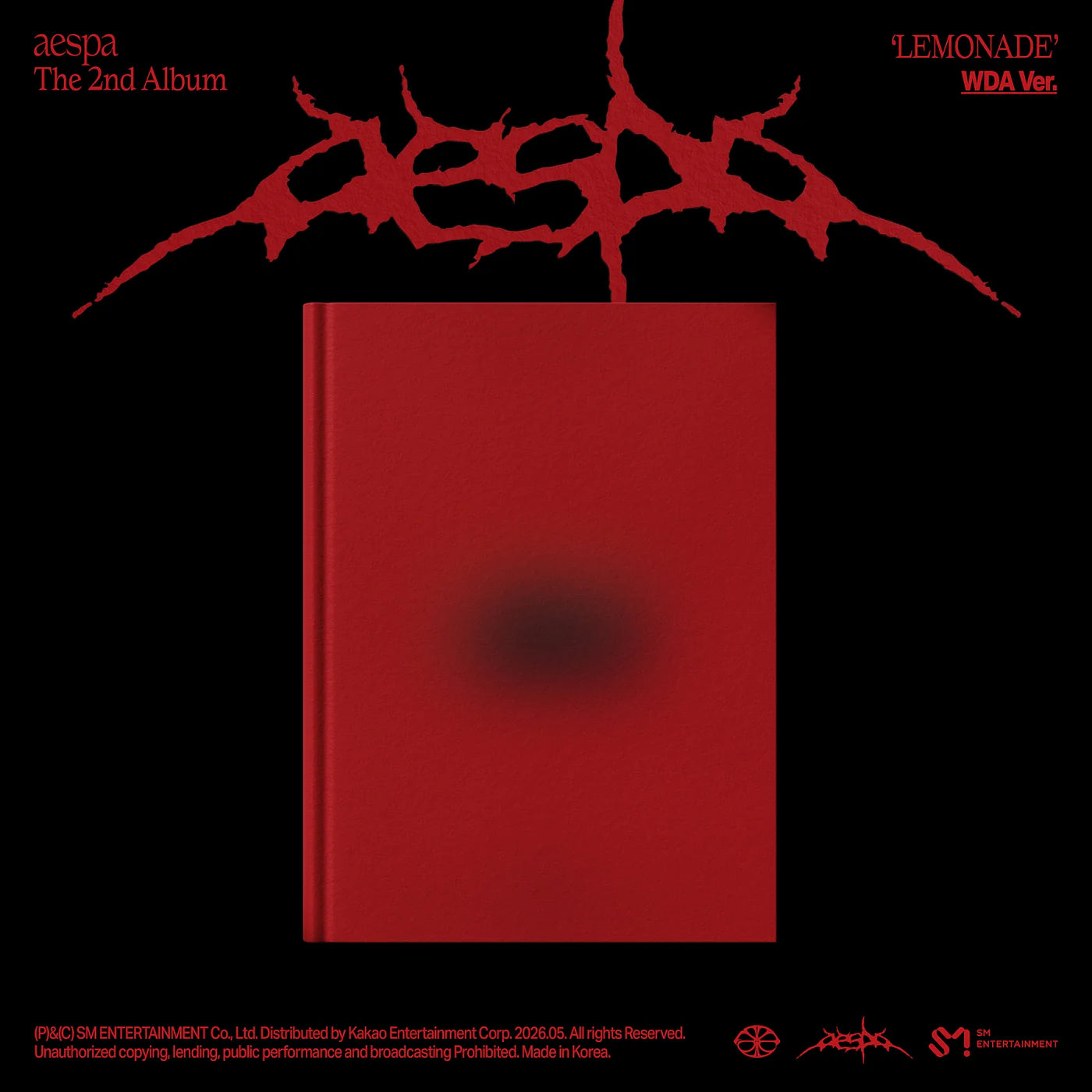 Red album cover of 2nd album 'Lemonade' with aespa logo on a black background