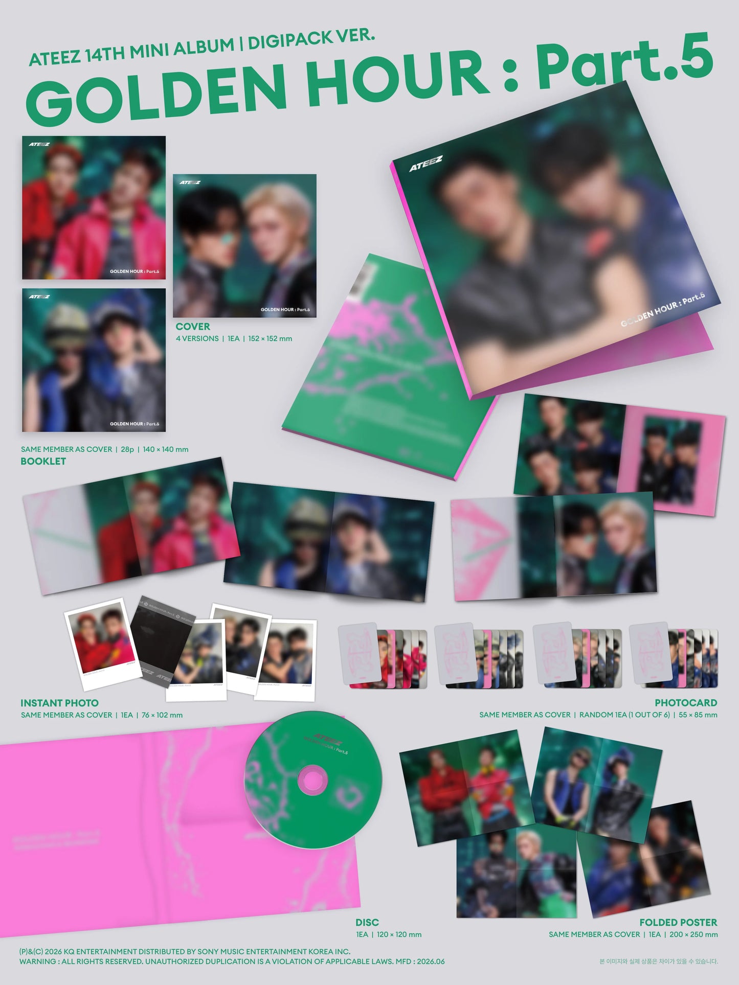 Ateez's 14th mini album with various components including photos and a disc on a white background.
