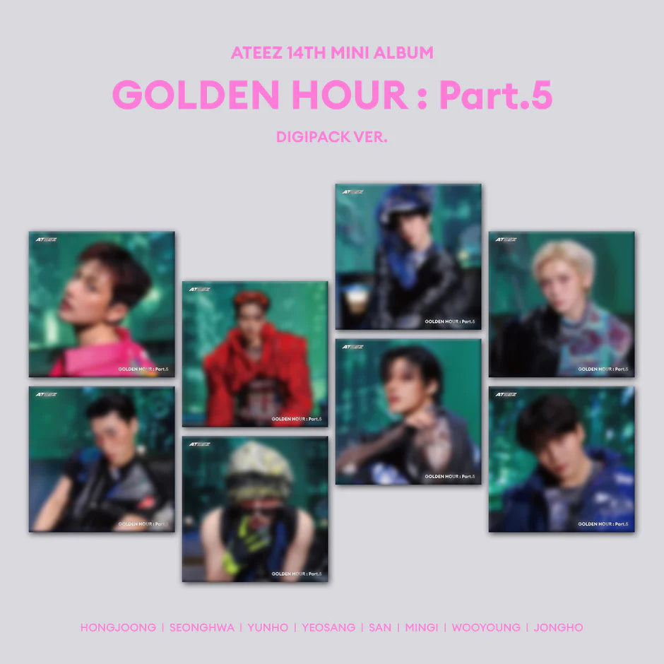 Album cover for Ateez 14th mini album 'Golden Hour: Part.5' with multiple portraits on a light gray background.