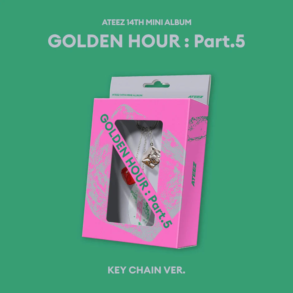 Pink keychain packaging with 'ATEEZ 14th Mini Album Golden Hour: Part.5' on a green background