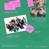 Promotional graphic for ATEEZ's 'Golden Hour' with images of inclusions such as a keychain and photocards, and social media icons on a green and pink background.