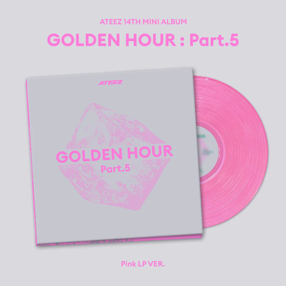 Ateez 14th mini album 'Golden Hour: Part.5' in pink and gray on a light gray background