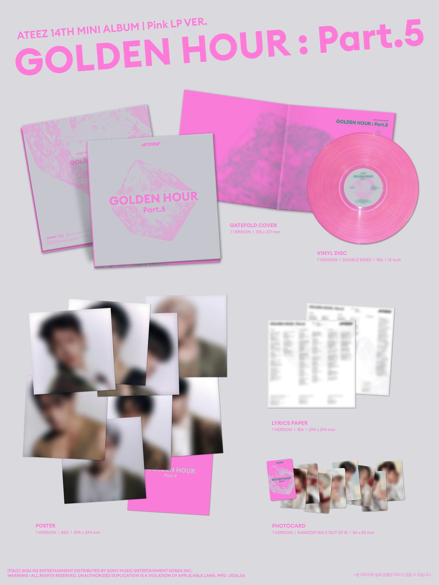 ATEEZ's 14th mini album with pink LP version packaging and inclusions on a light gray background