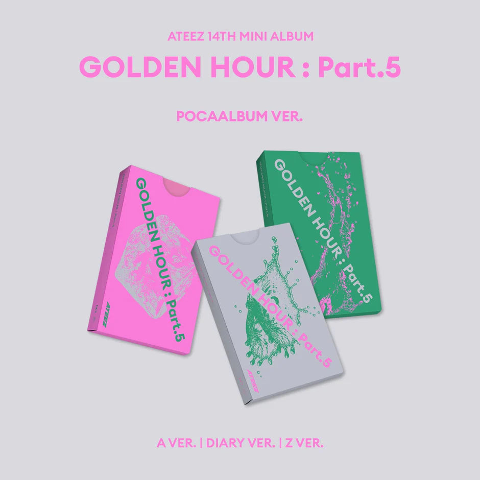 Three album covers of ATEEZ's 14th mini album 'Golden Hour: Part.5' on a light gray background.