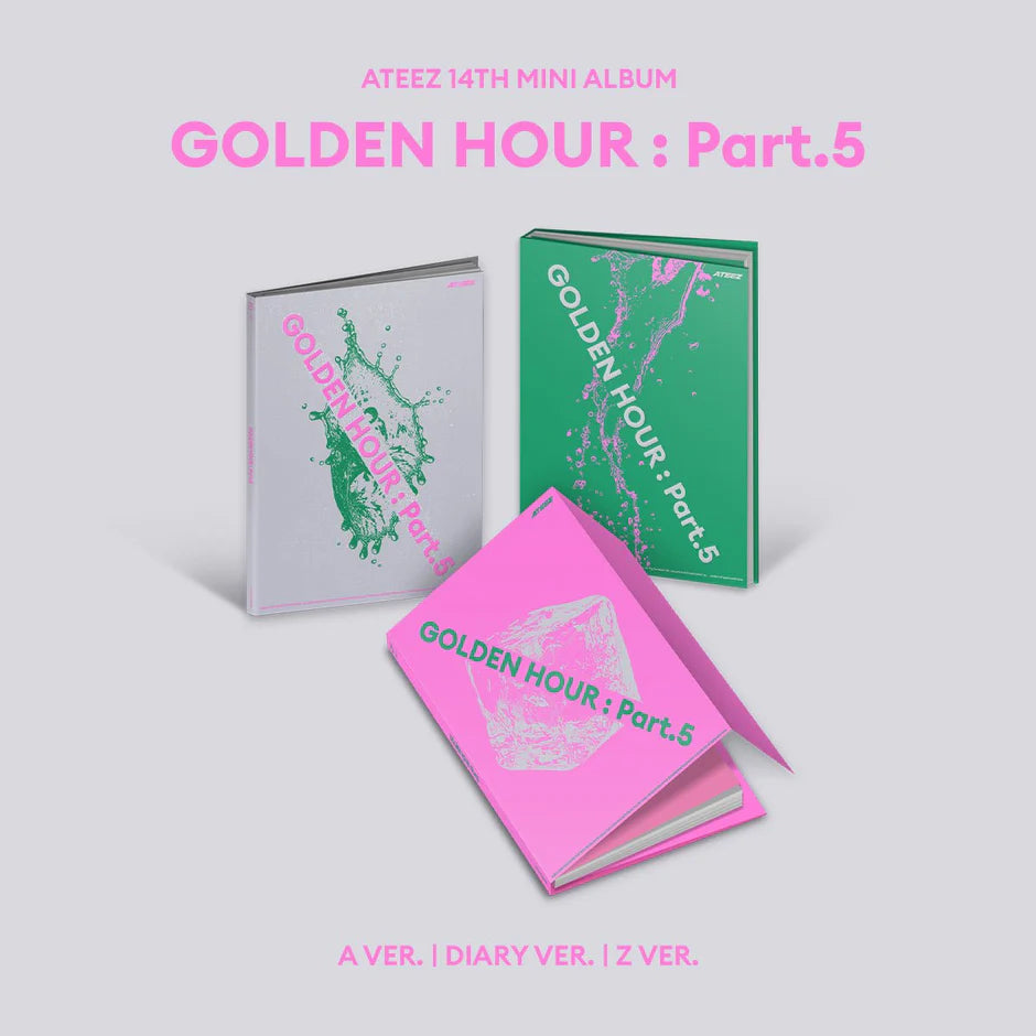 Three versions of Ateez's 14th mini album 'Golden Hour: Part.5' on a light gray background.