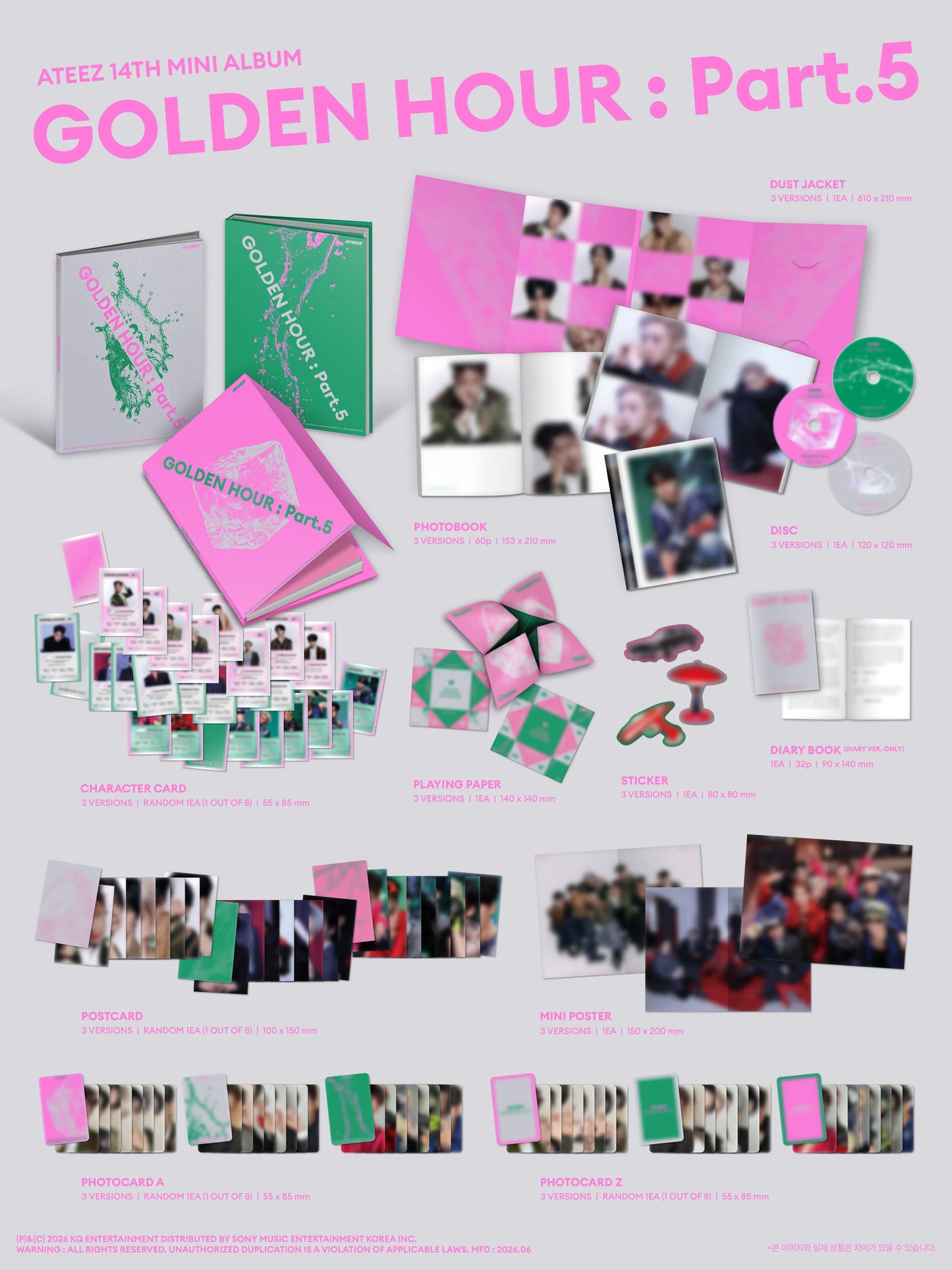 Ateez 14th mini album 'Golden Hour: Part.5' with various items including photos, cards, and a CD.
