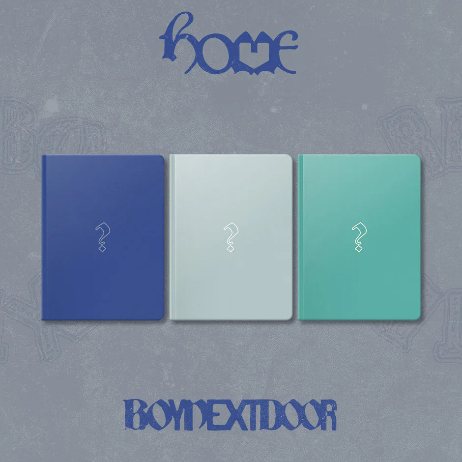 Three notebooks in blue, white, and green with question marks on a textured gray background and branded text of BOYNEXTDOOR and HOME album. 
