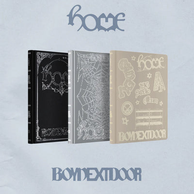 BOYNEXTDOOR's three album packaging with decorative covers on a light gray background.