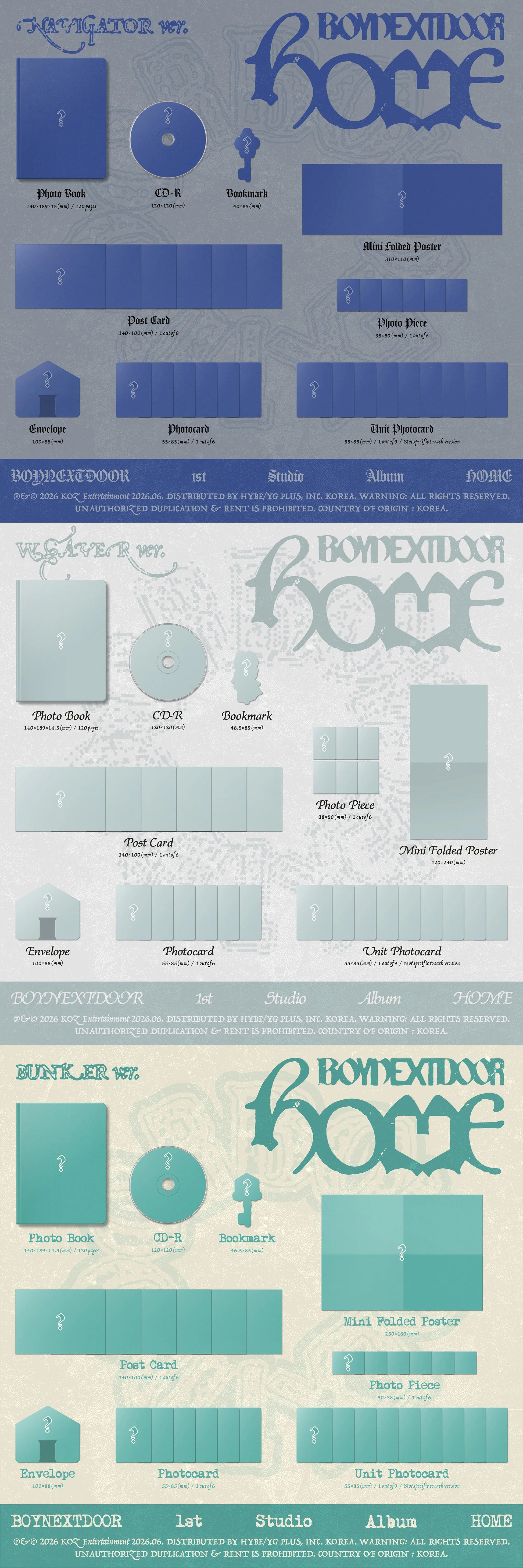 Stylized inclusions of BOYNEXTDOOR's 1st studio album with text and design elements representing items like cd-r, photobook, bookmark, poster, photocards.