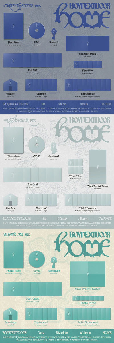 Stylized inclusions of BOYNEXTDOOR's 1st studio album with text and design elements representing items like cd-r, photobook, bookmark, poster, photocards.
