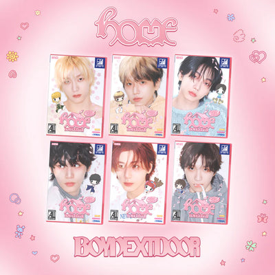 Six album covers with photos of BOYNEXTDOOR's six individual members with a pink background and decorative elements.