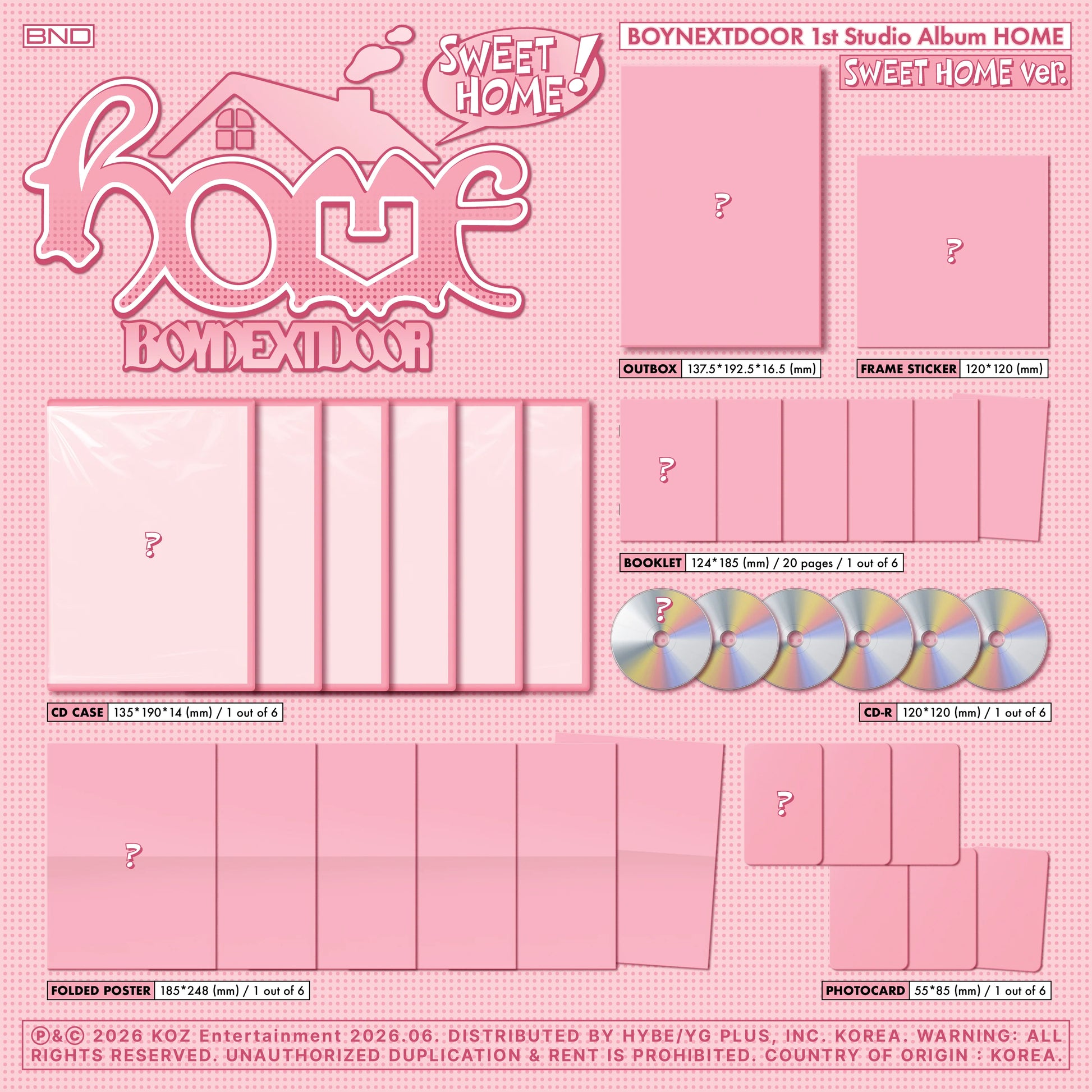 Product packaging layout for BOYNEXTDOOR's 'Sweet Home' album on a pink background