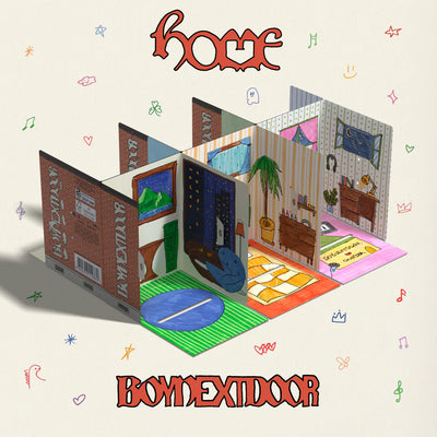 BOYNEXTDOOR's colorful album cover  with a 3D room illustration and 'Home' text at the top.