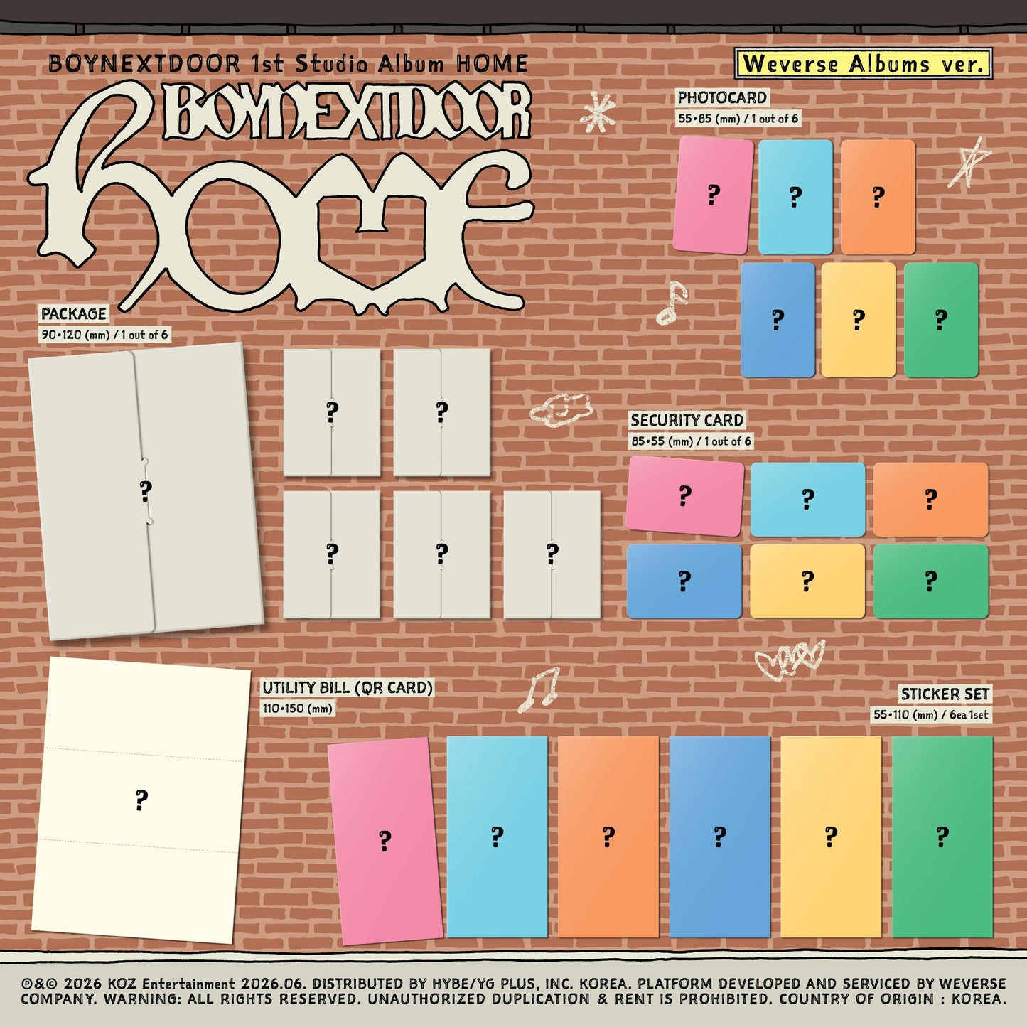 Promotional image of BOYNEXTDOOR's 'HOME' album packaging with various inclusions on a brick background.