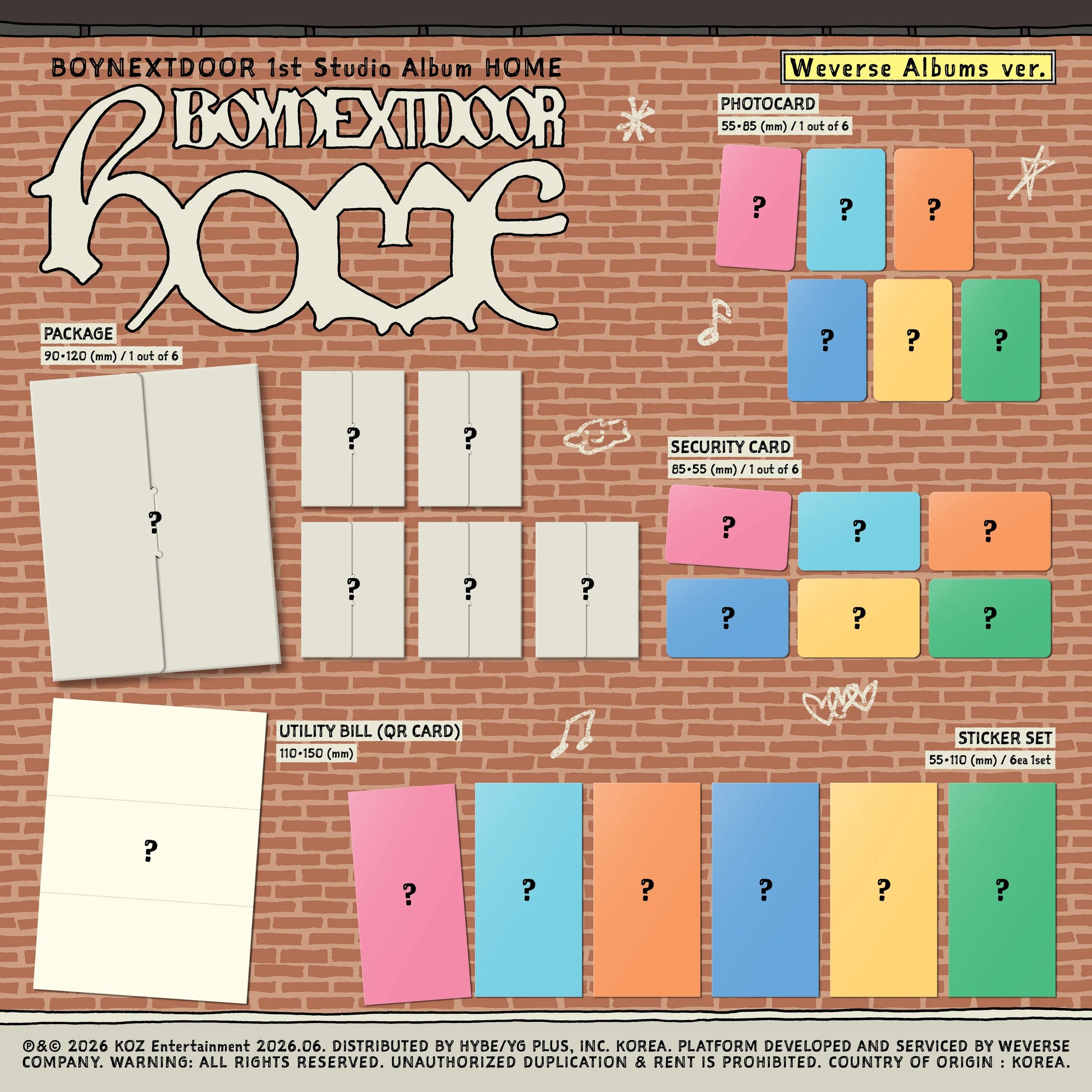 Promotional image of BOYNEXTDOOR's 'HOME' album packaging with various inclusions on a brick background.