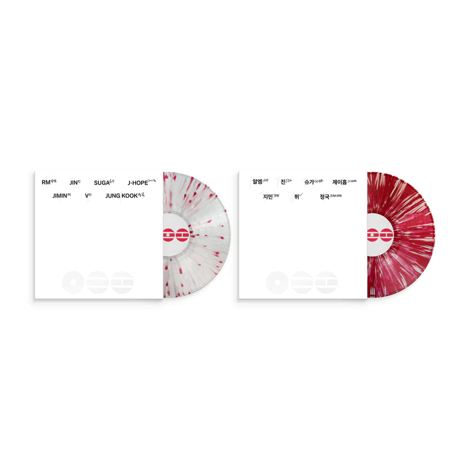 BTS's Arirang Deluxe Vinyl Version - Red and white vinyl record with a sleeve on a white background