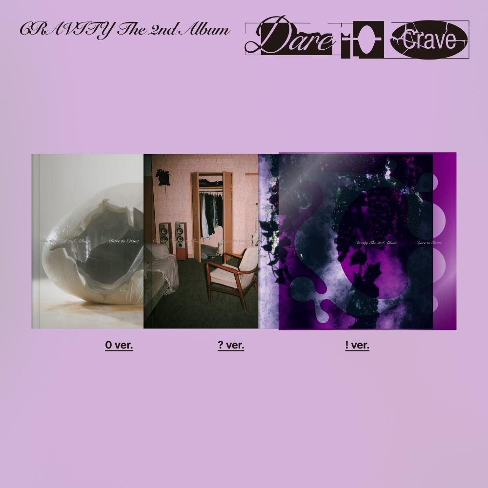 CRAVITY's 2nd album cover versions x 3 on a purple background