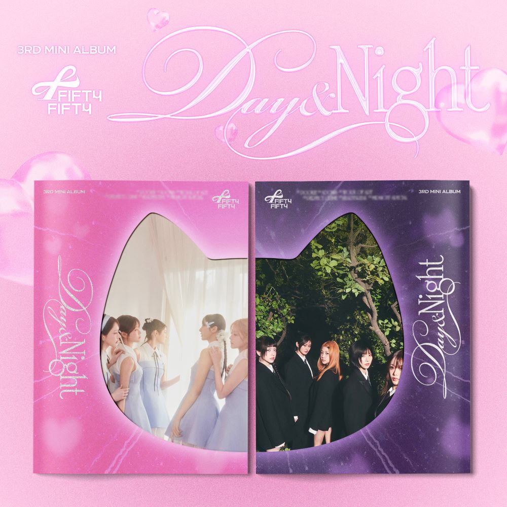 FIFTY FIFTY's 3rd mini album packaging with pink & purple covers on a pink background with "Day & Night" text at the top of the photo