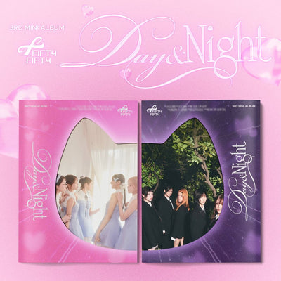 FIFTY FIFTY's 3rd mini album packaging with pink & purple covers on a pink background with "Day & Night" text at the top of the photo