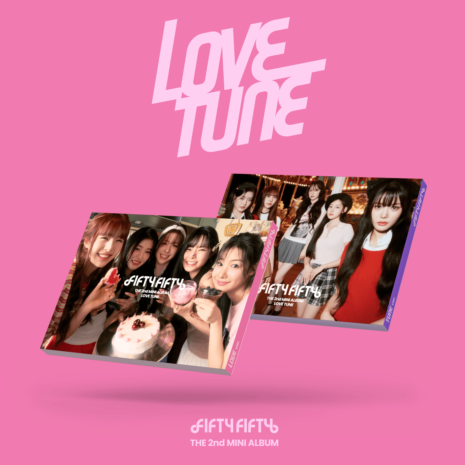 FIFTY FIFTY's two covers of their LOVE TUNE album on a pink background 