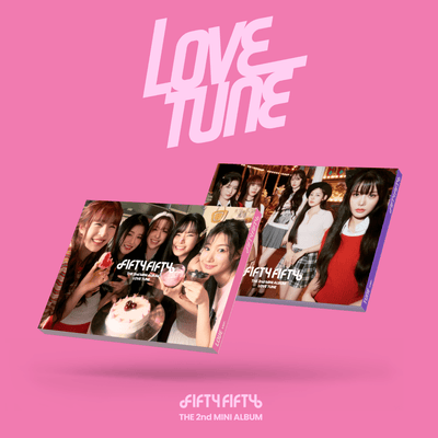 FIFTY FIFTY's two covers of their LOVE TUNE album on a pink background 