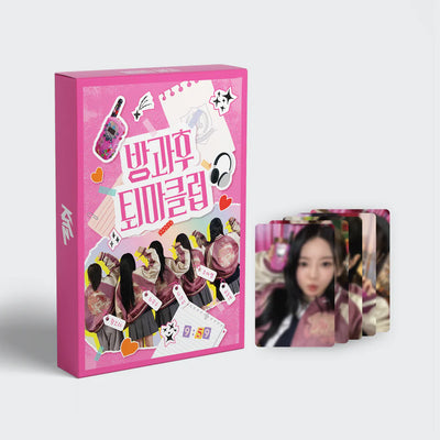 Pink card game box packaging for FIFTY FIFTY's After School Exorcism Club show with character illustrations on a white background