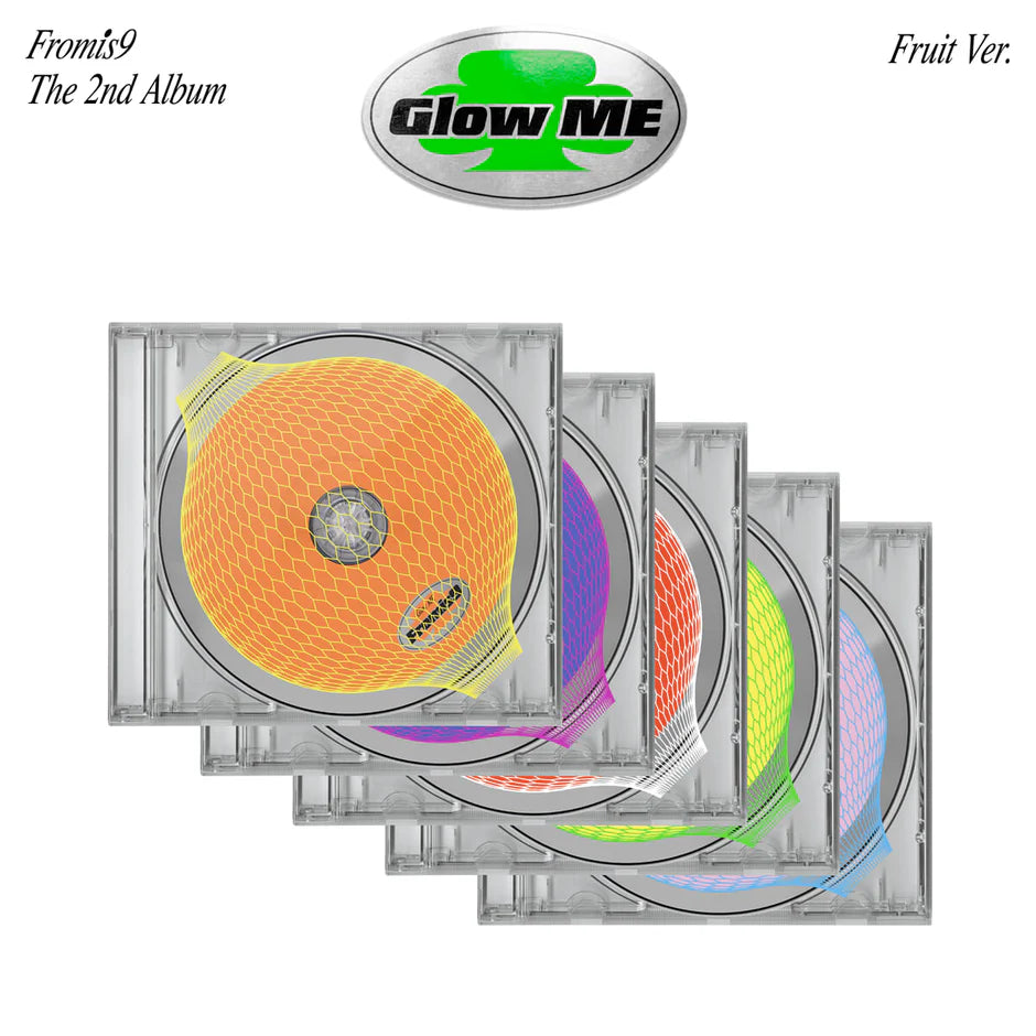 fromis_9's 2nd album showing five overlapping jewel case versions with 'Glow Me' text on a white background