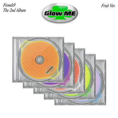 fromis_9's 2nd album showing five overlapping jewel case versions with 'Glow Me' text on a white background