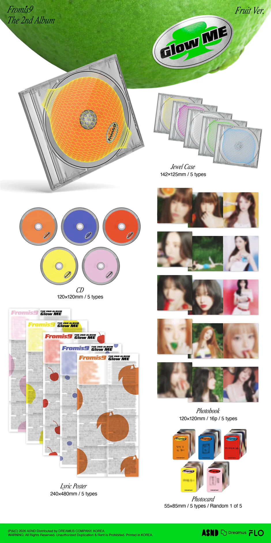 fromis_9's 2nd album jewel case version inclusions showing a CD, lyric poster, photobook and photocard