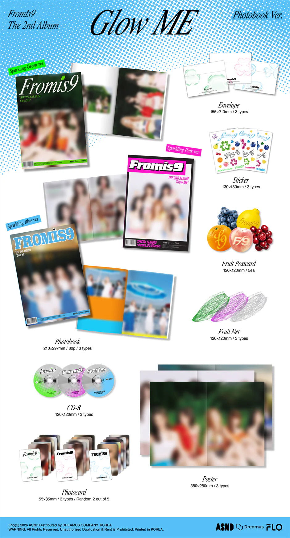 fromis_9's album inclusions with photocards, poster, sticker pictured