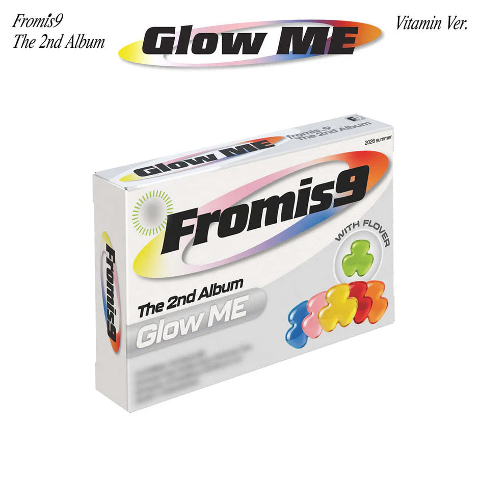 fromis_9 2nd album outbox as a vitamin packaging with 'Glow Me' text in a white background